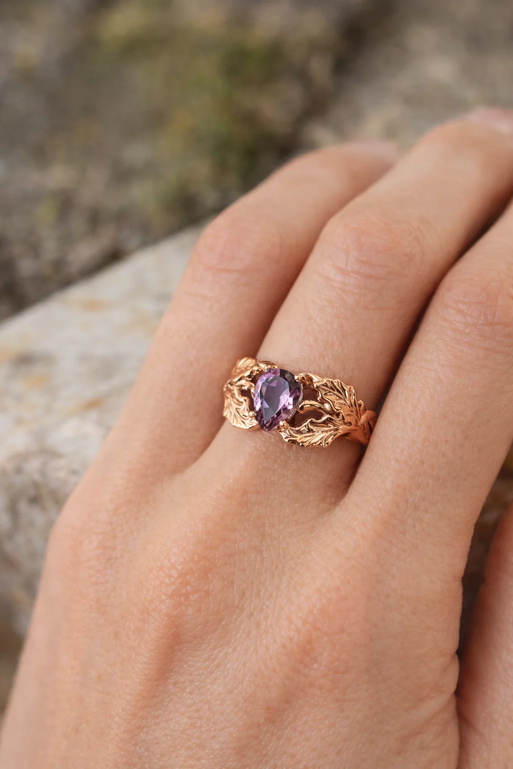 Amethyst Stone Pear Cut Leaf Ring - Image 3
