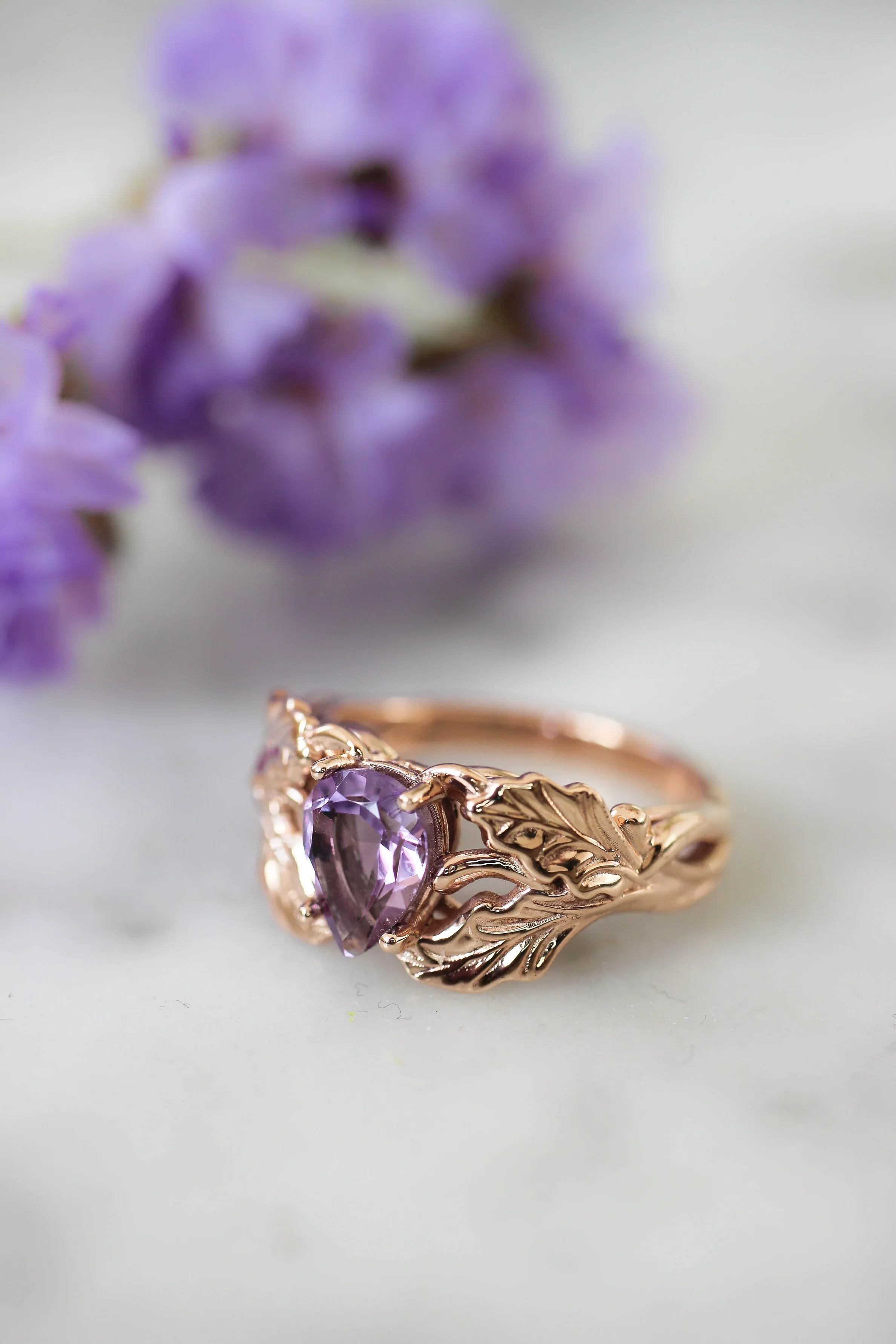 Amethyst Stone Pear Cut Leaf Ring - Image 4