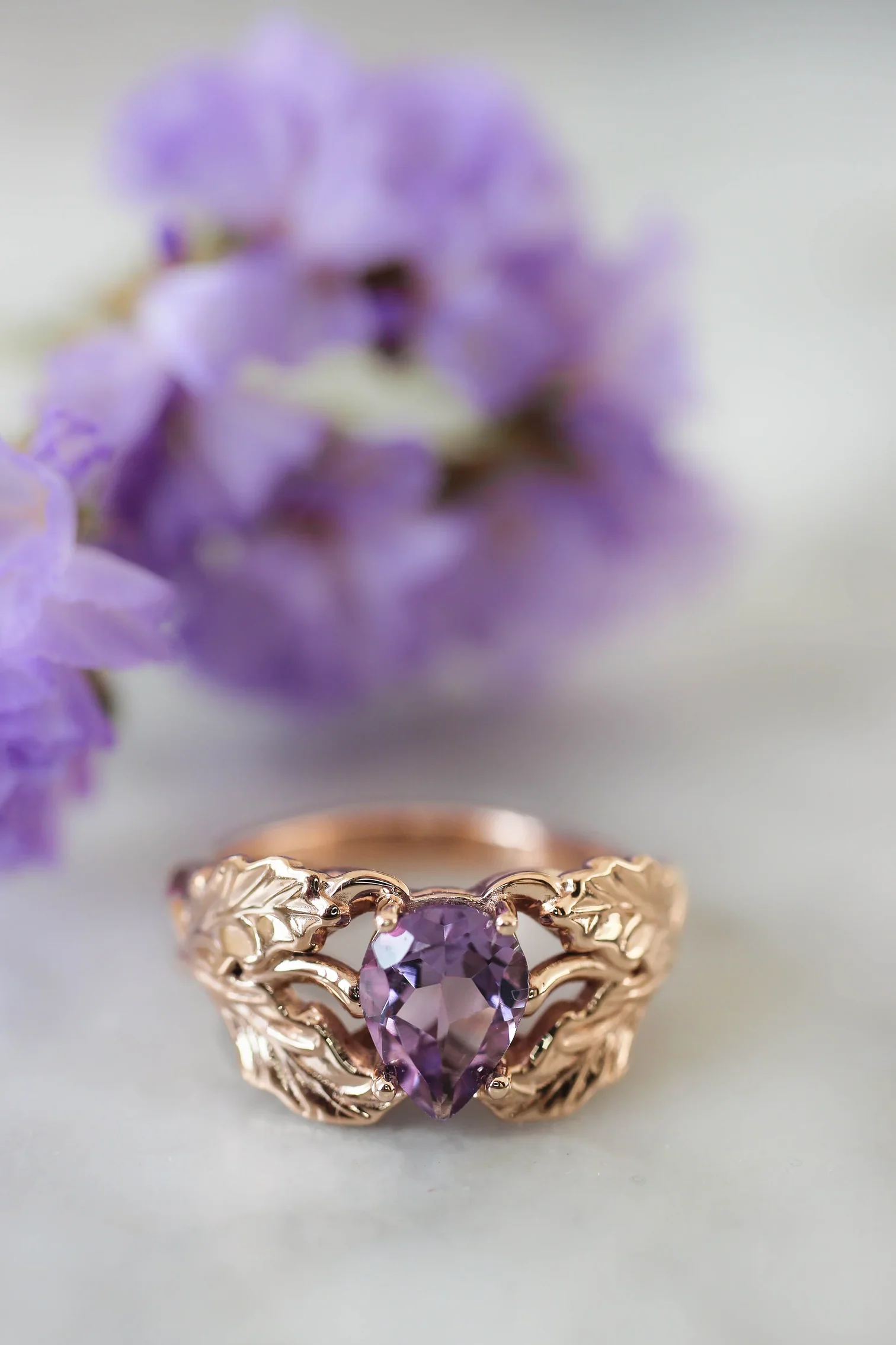 Amethyst Stone Pear Cut Leaf Ring - Image 5