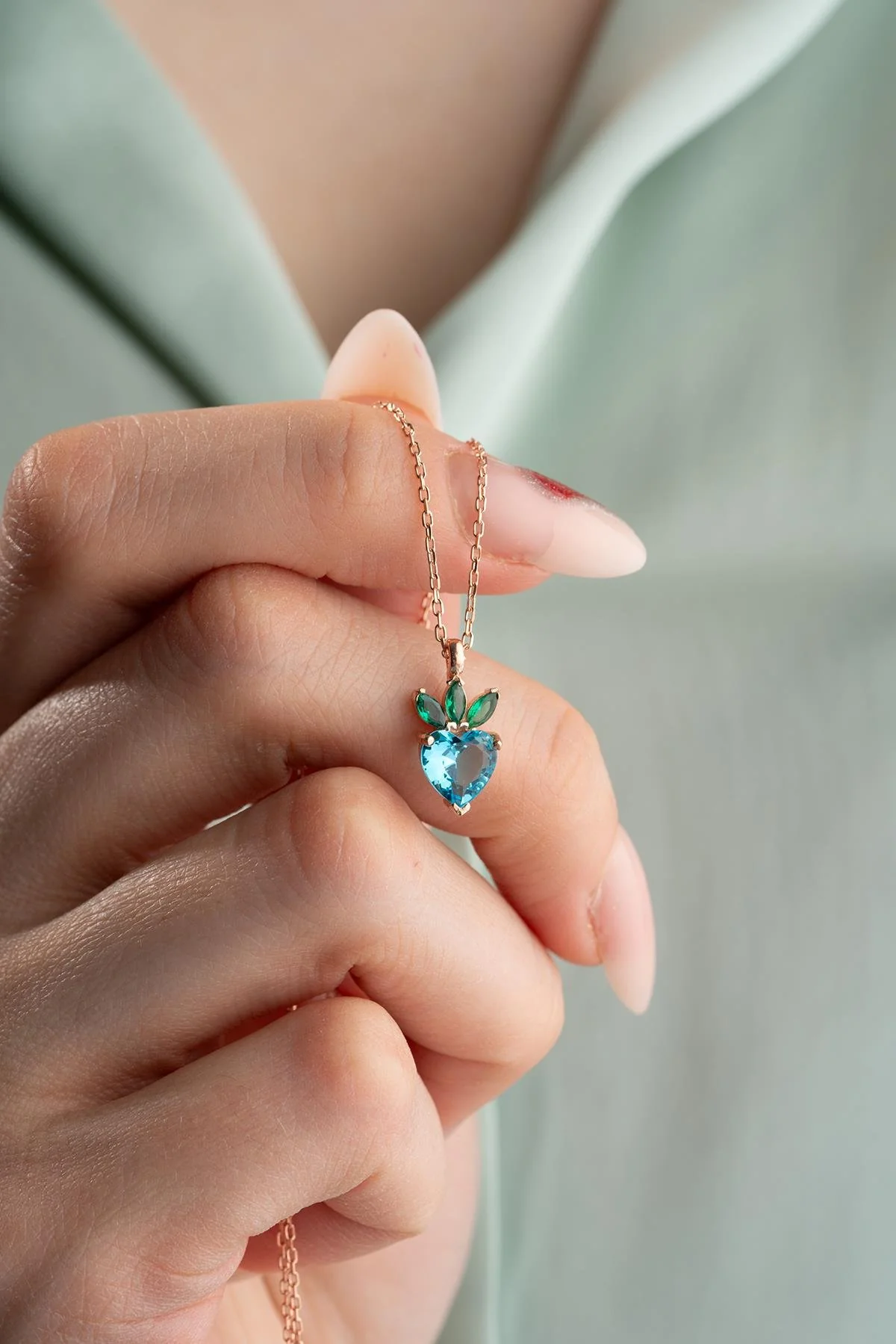 Aquamarine Heart strawberry Necklace - Image 3