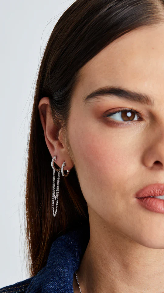 Mini Hoop Silver Chain Earrings - Image 2