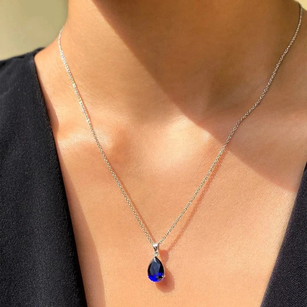 Pear Cut Blue Sapphire Charm Necklace
