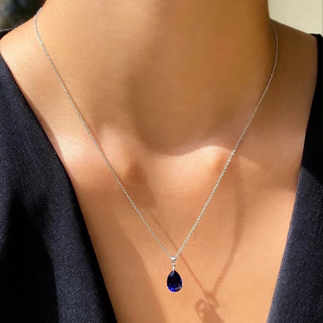 Pear Cut Blue Sapphire Charm Necklace - Image 2