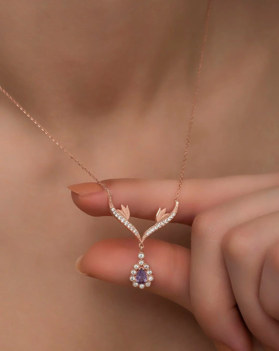 Deer Charm Purple Zircon Necklace