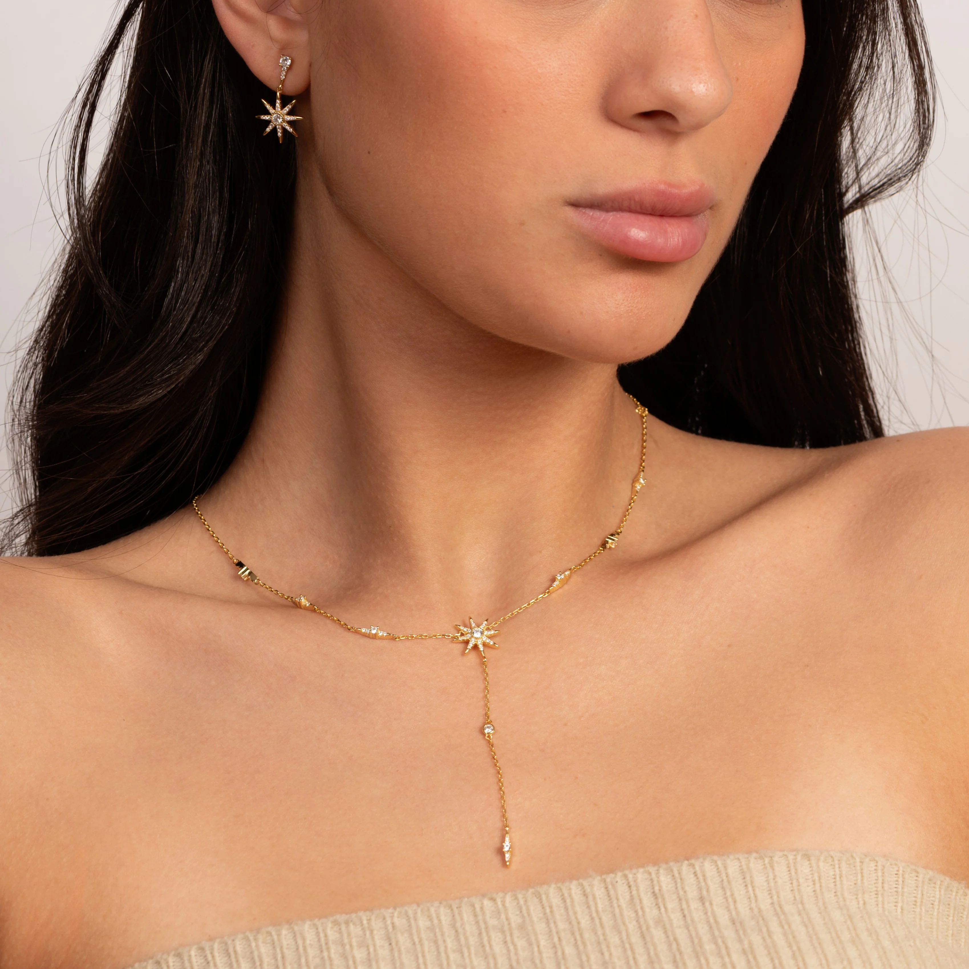 Golden Star Lariat Necklace And Earrings Set - Image 2