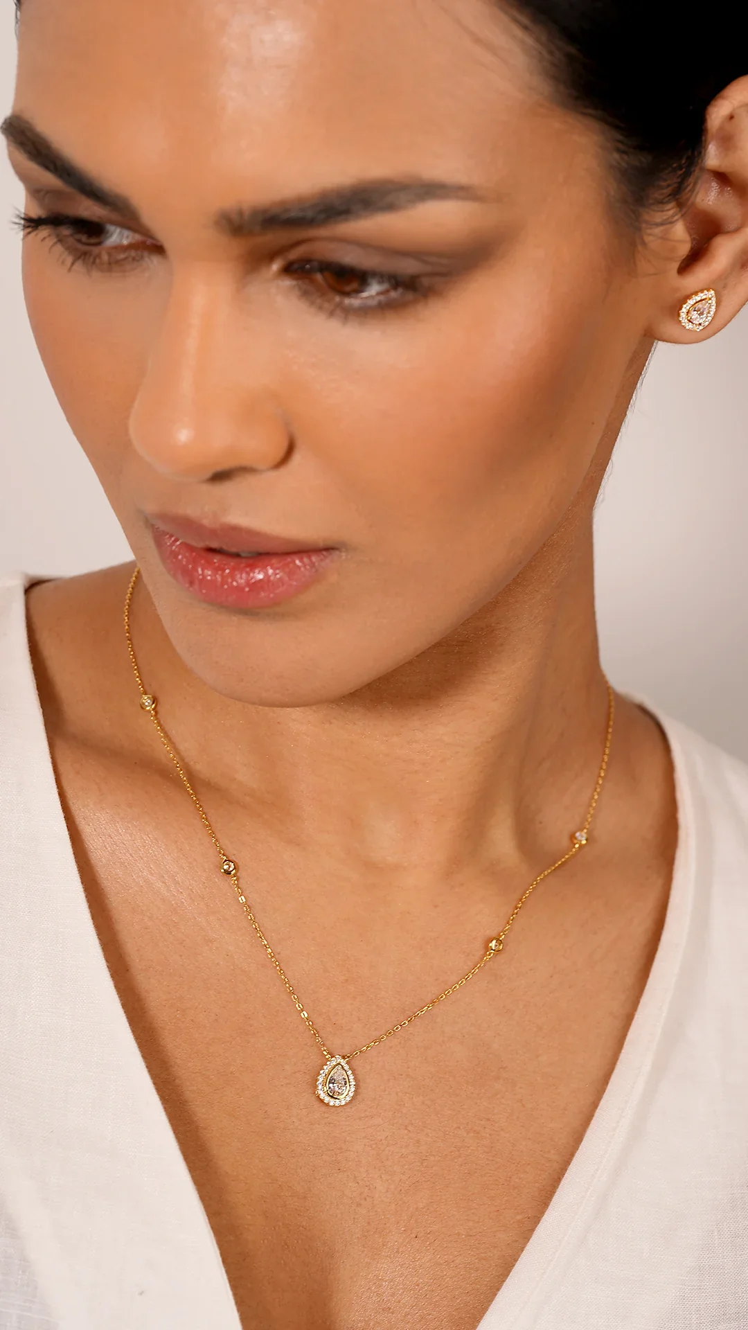 Gold Plated Pear Zircon Stone Necklace & Earrings Set