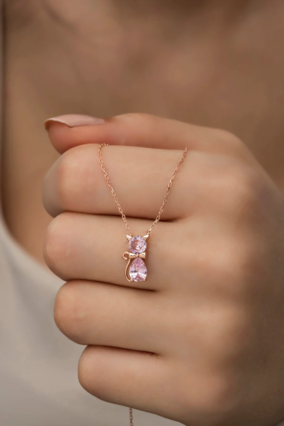 Marie Pink Stone Cat Necklace - Image 3