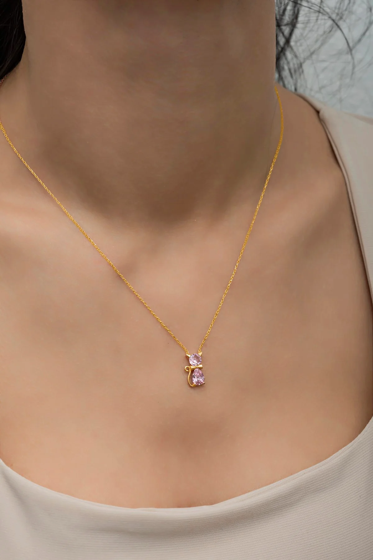 Marie Pink Stone Cat Gold Plated Necklace - Image 3