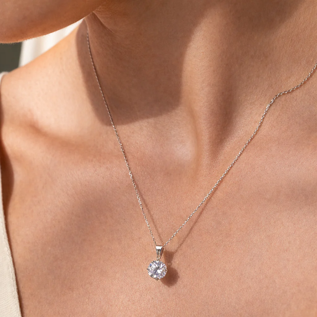 Round Zircon Stone Silver Necklace