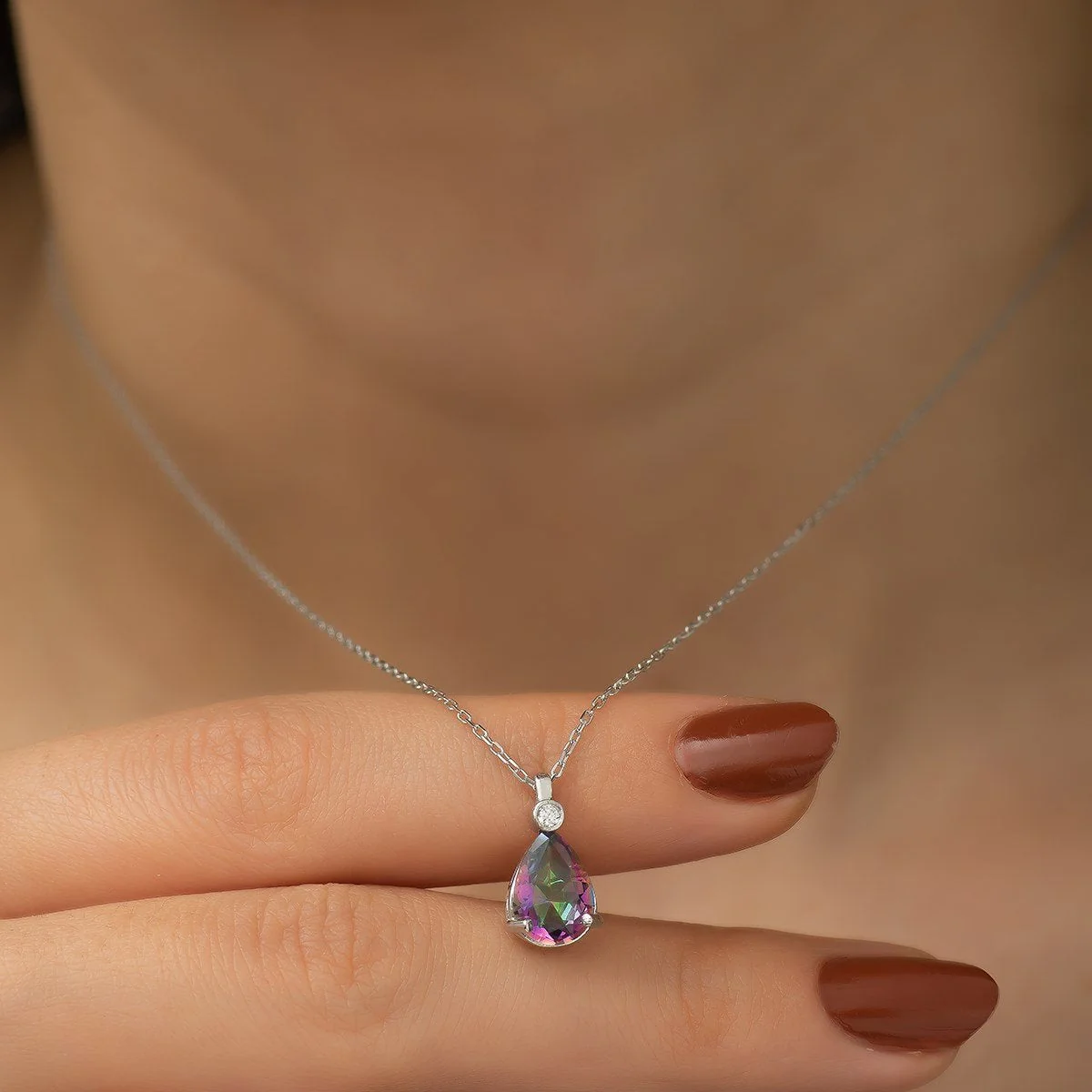 Silver Drop Mystic Topaz Stone Necklace