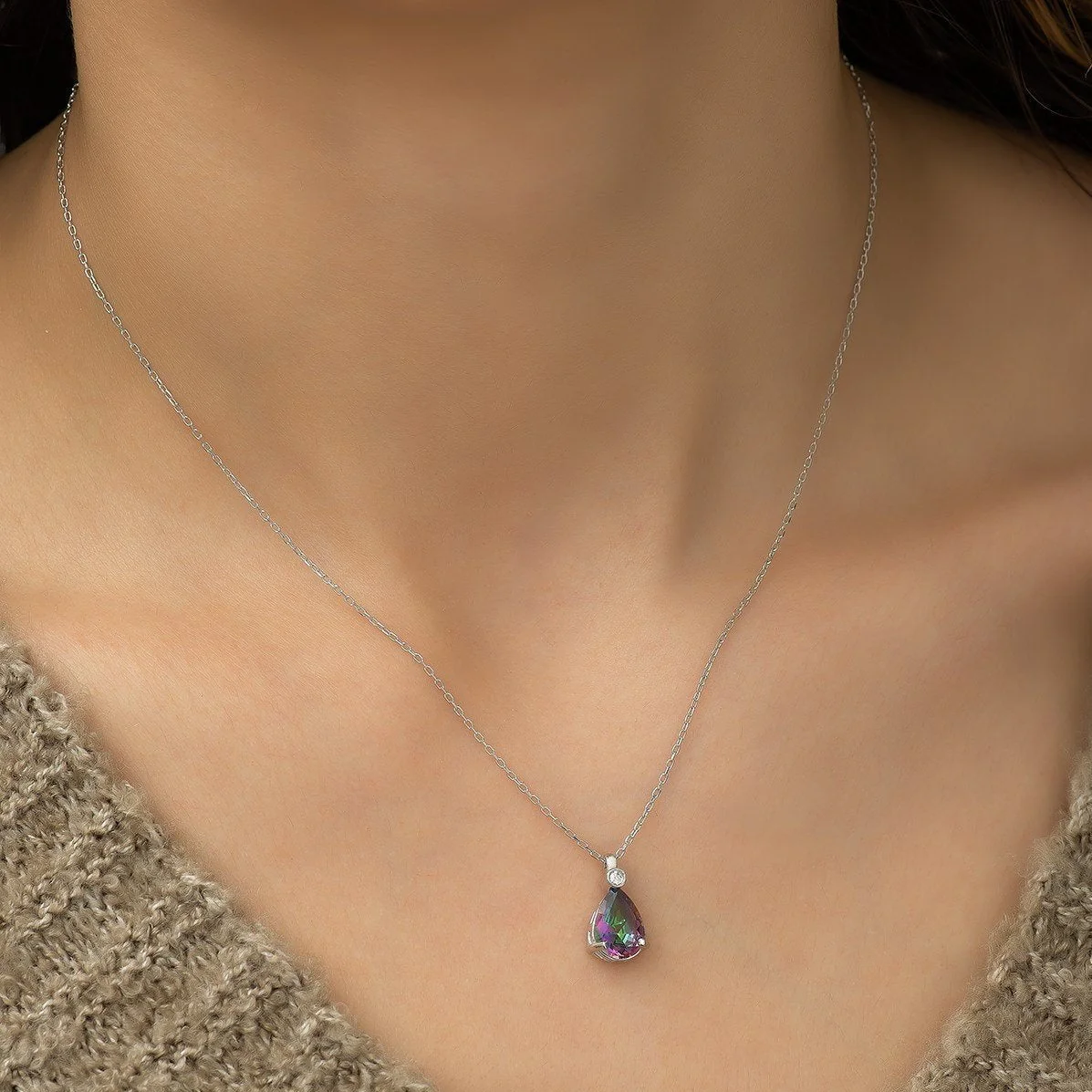 Silver Drop Mystic Topaz Stone Necklace - Image 2